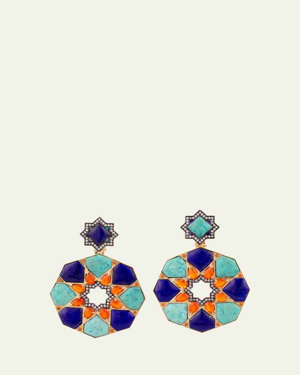 18K Yellow Gold Geometric Earrings with Chrysocolla, Diamonds, Fire Opal and Lanaja Sapphires